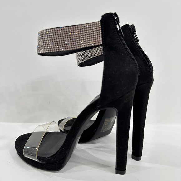 Qupid Black Suede Rhinestone High Heel Sandals - Picture 5 of 11